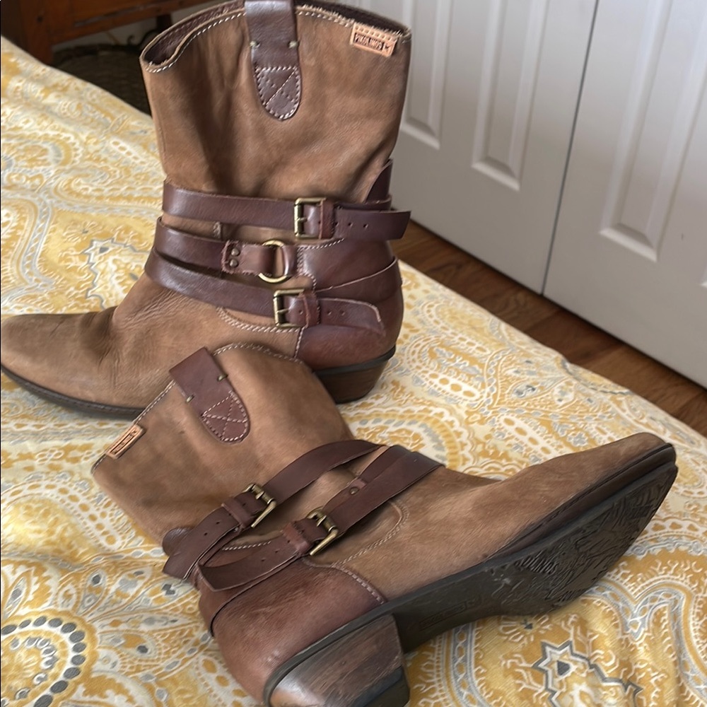 Brown Combat and Moto Boots with Leather Material and Mid-Calf Height